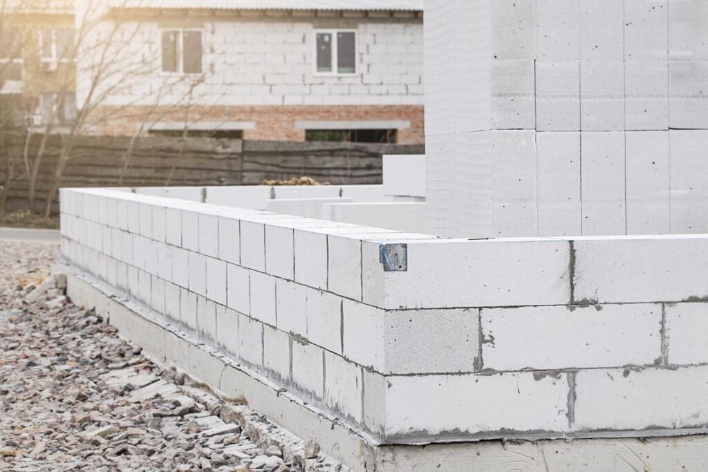 Muro de casa inacabado construido con bloques de concreto